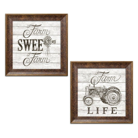 Gango Home Decor Country-Rustic Farm Life & Farm Sweet Farm by Deb Strain (Ready to Hang); Two 12x12in Gold Trim Framed Prints