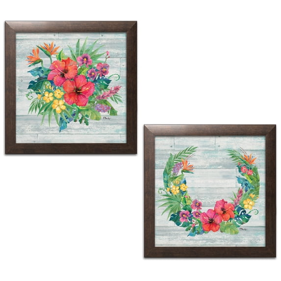 Gango Home Decor Country-Rustic Floral Decor | Colorful Bird Of Paradise, Hibiscus, & Pansy Flower Ring & Bouquet by Paul Brent (Ready to Hang); Two 12x12in Brown Framed Prints