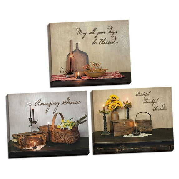 Gango Home Decor Country-Rustic Grateful, Thankful, Blessed, Amazing Grace, & May All Your Days be Blessed; Three 16x12in Hand-Stretched Canvases