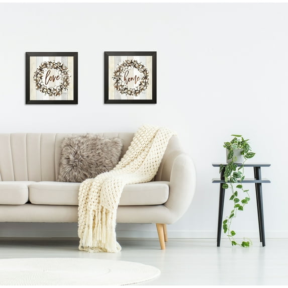 Gango Home Decor Country-Rustic Love Cotton Wreath & Home Cotton Wreath; Two 12x12in Art Prints in Black Frames