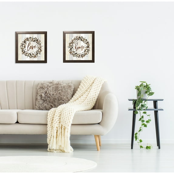 Gango Home Decor Country-Rustic Love Cotton Wreath & Home Cotton Wreath; Two 12x12in Art Prints in Brown Frames