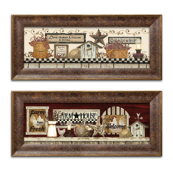 Gango Home Decor Country-Rustic Love Makes a House a Home & Farm Rooster Shelf by Linda Spivey (Ready to Hang); Two 18x6in Gold Trim Framed Prints