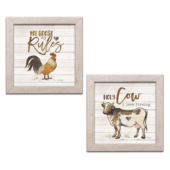 Gango Home Decor Country-Rustic My Roost, My Rules & Holy Cow I Love Farming; Two 12x12in Art Prints in Distressed White Frames