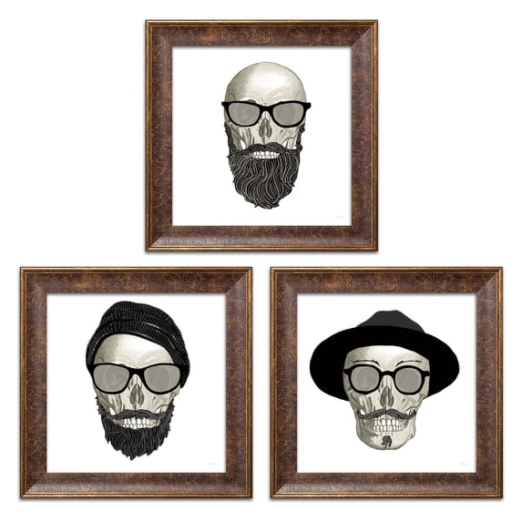 Gango Home Decor Eclectic Hipster Skull I, Hipster Skull II, & Hipster Skull III by Sue Schlabach (Ready to Hang); Three 12x12in Gold Trim Framed Prints