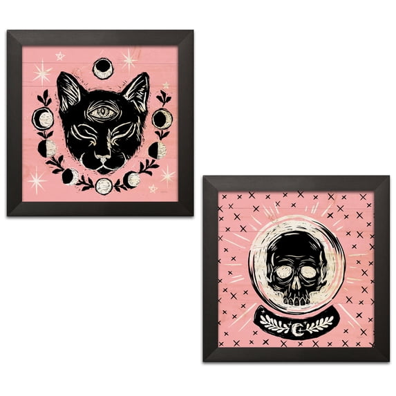 Gango Home Decor Eclectic Mystical Halloween Pink III & IV by Mary Urban (Ready to Hang); Two 12x12in Black Framed Prints