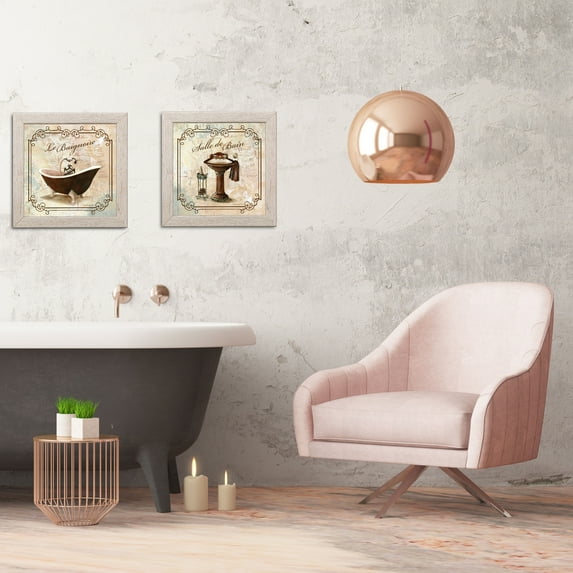 Gango Home Decor Elegant French Bathroom Wall Art; Two Off-White 12x12in Art Prints in Distressed White Frames