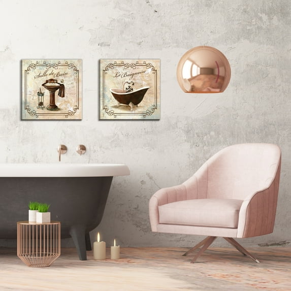 Gango Home Decor Elegant French Bathroom Wall Art; Two Off-White 16x16in Hand-Stretched Canvases