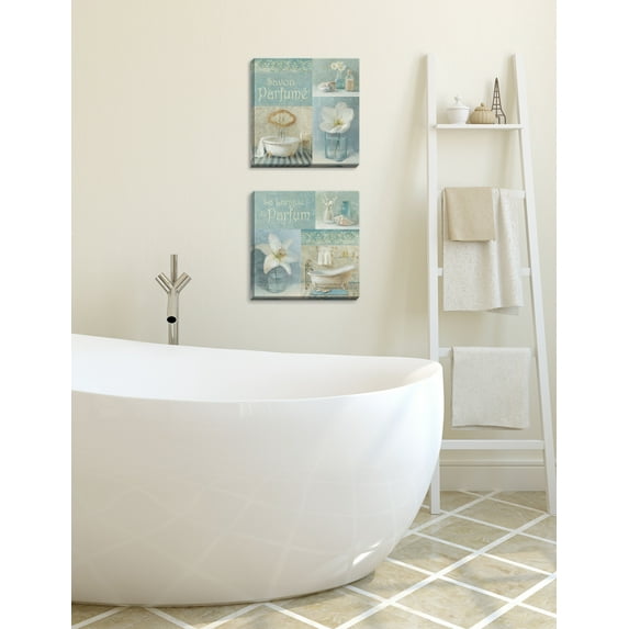 Gango Home Decor French Bathtub & Floral Collage Bathroom Wall Art; Two Blue 12x12in Hand-Stretched Canvases