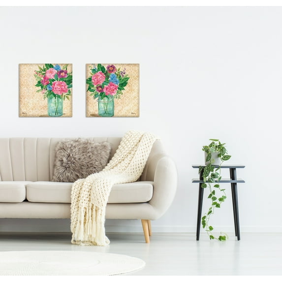 Gango Home Decor Garden Watercolor-Style Floral Decor | Tan, Pink, Green & Purple Mason Jar Flower Bouquet; Two 16x16in Fine Art Paper Giclee Prints