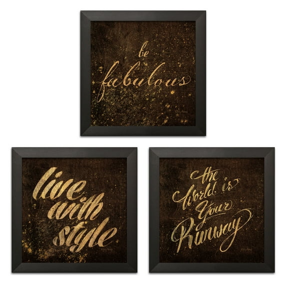 Gango Home Decor Glam Shoe Fashion Quotes Adult Decor; Three 12x12in Black Framed Prints