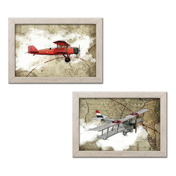 Gango Home Decor Horizontal Biplane 3 & 4 by GraphINC Studio (Ready to Hang); Two 18x12in Distressed Framed Prints