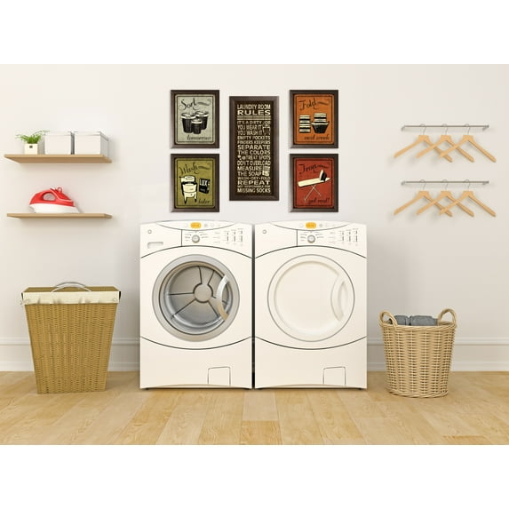 Gango Home Decor Humorous Laundry Room Rules and Signage Wall Art; Five Multi-Color 8x10, 8x18in Art Prints in Brown Frames