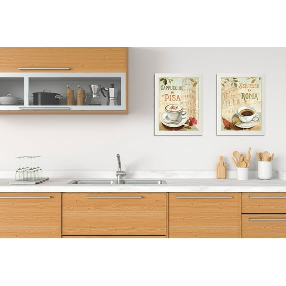 Gango Home Decor Italian Rome & Pisa Coffee Cup Kitchen Wall Art; Two Beige 11x14in Art Prints in White Frames