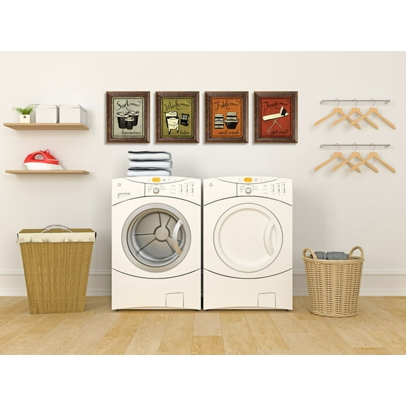 Gango Home Decor Laundry Set - Vintage Sort Wash Fold & Iron Signs; Four 8x10in Art Prints in Gold Trim Brown Frames