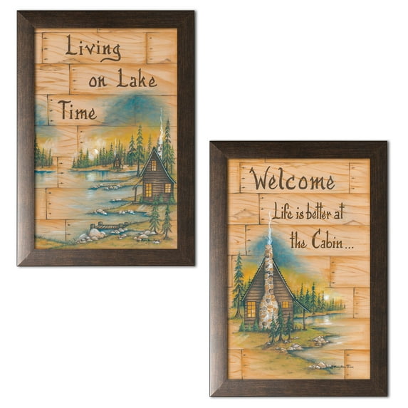 Gango Home Decor Lodge Life is Better at the Cabin & Living on Lake Time by Mary Ann June (Ready to Hang); Two 12x18in Brown Framed Prints