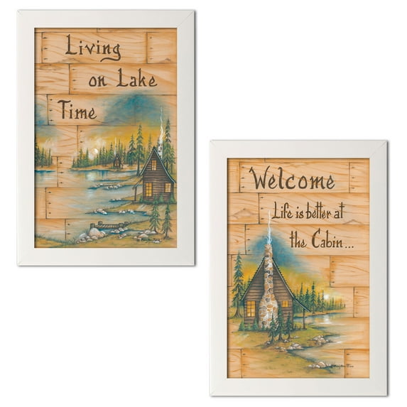 Gango Home Decor Lodge Life is Better at the Cabin & Living on Lake Time by Mary Ann June (Ready to Hang); Two 12x18in White Framed Prints