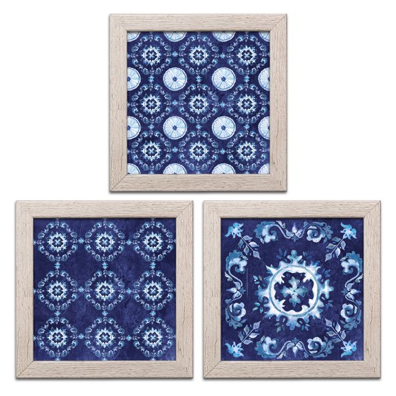 Gango Home Decor Lovely Blue & White Decorative Medallion Print Set; Three 12x12in Art Prints in Distressed White Frames