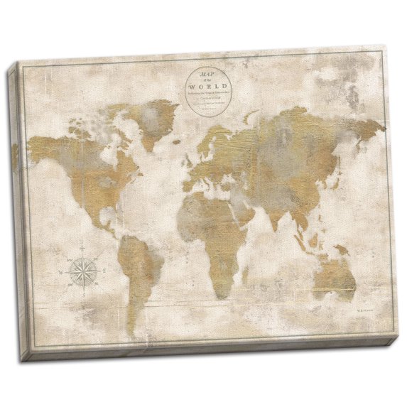 Gango Home Decor Lovely Brown & Tan Rustic World Map; One 20x16in Hand-Stretched Canvas