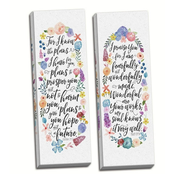 Gango Home Decor Lovely Watercolor-Style Bible Verse Jeremiah 29:11 & Psalm 139:14 Floral Set; Two 8x20in Hand-Stretched Canvases