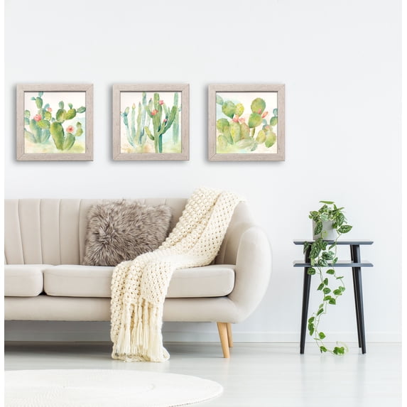 Gango Home Decor Lovely Watercolor-Style Desert Cactus Print Set; Three 12x12in Art Prints in Distressed White Frames