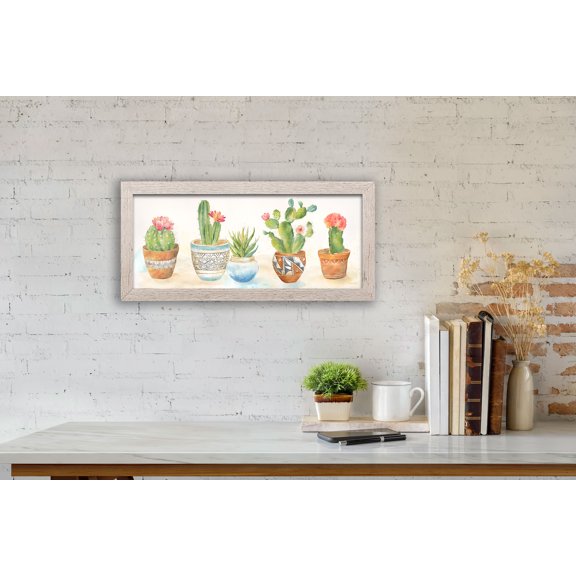 Gango Home Decor Lovely Watercolor-Style Desert Potted Cactus Print; One 20x8in Art Print in Distressed White Frame