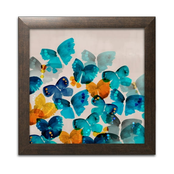 Gango Home Decor Lovely Watercolor-Style Teal & Orange Butterfly Print; One 12x12in Art Print in Brown Frame