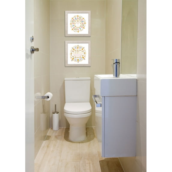 Gango Home Decor Modern Bathroom Mandala Bathtub & Sink; Two 12x12in Art Prints in Distressed White Frames