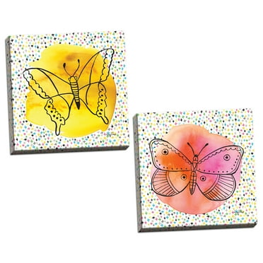 Gango Home Decor Modern Butterflies Pink & Yellow by Amy Frazer (Ready to Hang); Two 12x12in Hand-Stretched Canvases