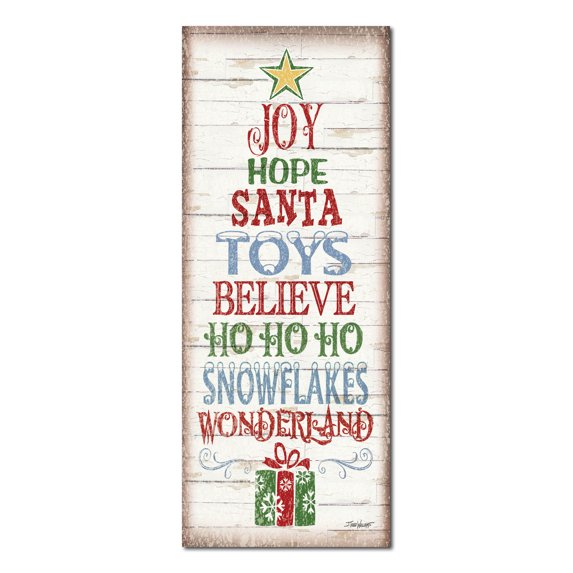 Gango Home Decor Modern Distressed Holiday Decor | Red, Green, Blue & Brown Christmas Word Tree by Todd Williams (Printed on Paper); One 12x36in Fine Art Paper Giclee Print