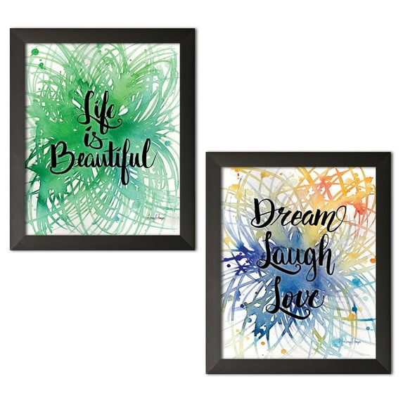 Gango Home Decor Modern Dream Laugh Love & Life is Beautiful by Amy Frazer (Ready to Hang); Two 11x14in Black Framed Prints