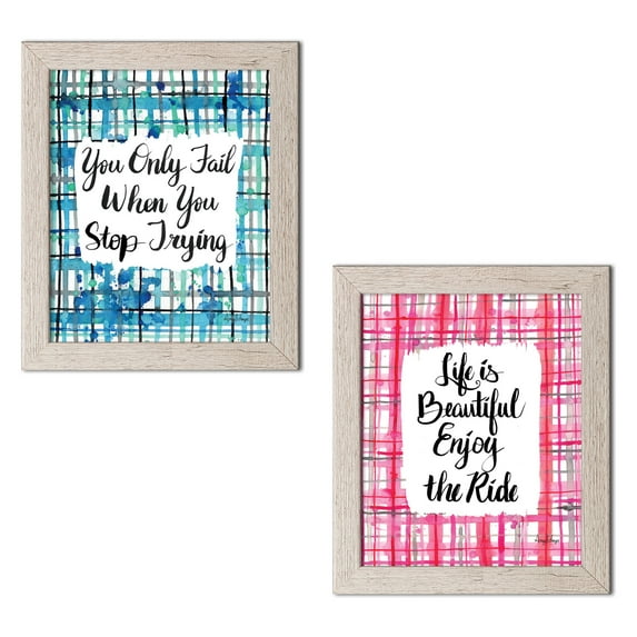 Gango Home Decor Modern Enjoy the Ride & Never Stop Trying by Amy Frazer (Ready to Hang); Two 11x14in Distressed Framed Prints