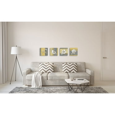 Gango Home Decor Modern Ikat Coastal Seashell Wall Art; Four Yellow 8x8in Wood Mounted Prints
