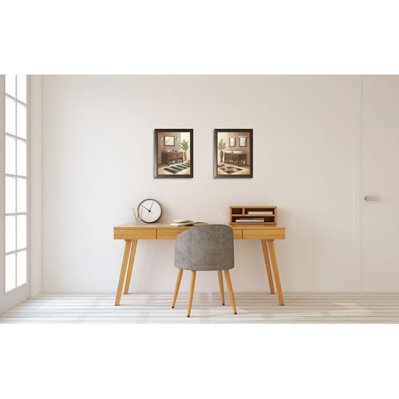 Gango Home Decor Modern Spa Bath Still Life Bathroom Wall Art; Two Brown 11x14in Art Prints in Brown Frames