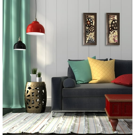 Gango Home Decor Old-Fashioned Movie Entertainment Wall Art; Two Black 6x18in Art Prints in Brown Frames
