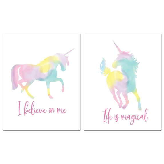 Gango Home Decor Pink and Yellow Watercolor Unicorn Teen Portrait Decor; 2-11"x14" Unframed Posters