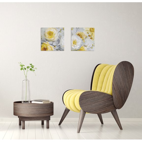 Gango Home Decor Poppy Flower and Bud Floral Wall Art ; Two Yellow 12x12in Unframed Paper Prints