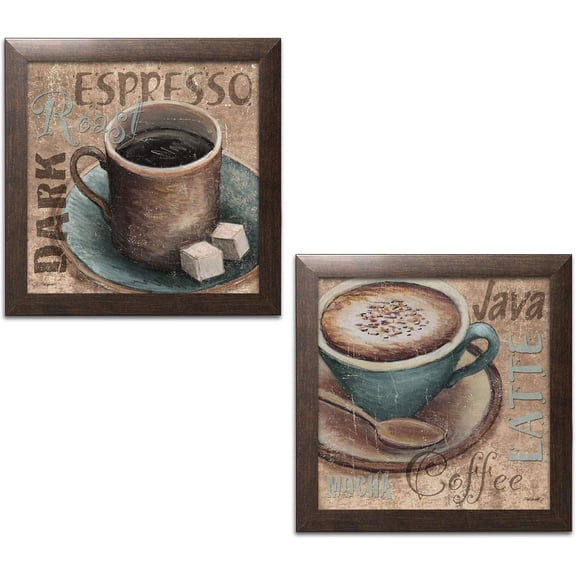 Gango Home Decor Popular Classic Coffee Espresso Java Dark Roast Signs; Kitchen Décor, Two 12x12in Brown Framed Prints; Ready to hang! Teal/Brown