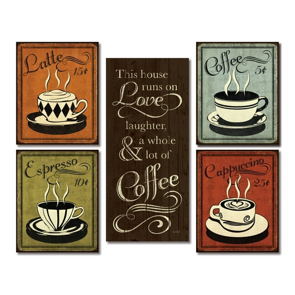 Gango Home Decor Retro Coffee Cup & Quote Kitchen Wall Art; Five Multi-Color 8x10, 8x18in Unframed Paper Posters