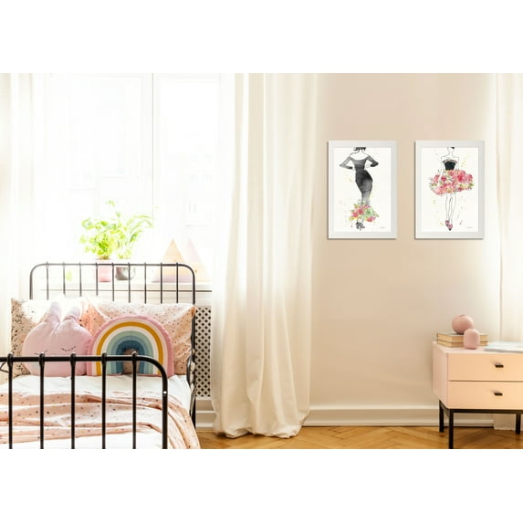 Gango Home Decor Shabby-Chic Floral Fashion I & II; Two 12x18in Art Prints in White Frames