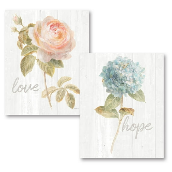 Gango Home Decor Shabby-Chic Garden Hydrangea on Wood Hope & Garden Rose on Wood Love by Danhui Nai (Printed on Paper); Two 16x20in Fine Art Paper Giclee Prints