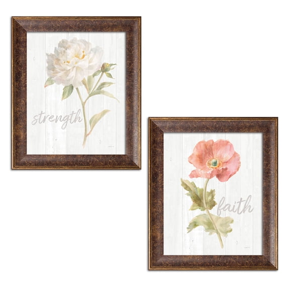 Gango Home Decor Shabby-Chic Garden Poppy on Wood Faith & Garden Peony on Wood Strength by Danhui Nai (Ready to Hang); Two 11x14in Gold Trim Framed Prints