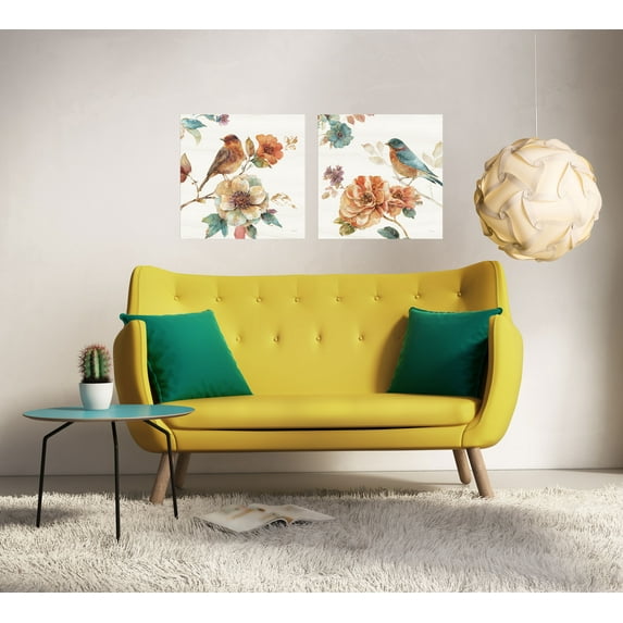 Gango Home Decor Spiced Nature Flowers and Birds Wall Art ; Two Orange 16x16in Fine Art Paper Giclee Prints
