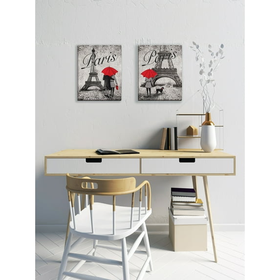 Gango Home Decor Strolling in Paris Eiffel Tower Wall Art; Two Black & White 11x14in Hand-Stretched Canvases