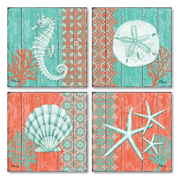 Gango Home Decor Teal and Coral Ocean Shells & Sea Life Coastal Wall Art; 4-12x12" Unframed Posters