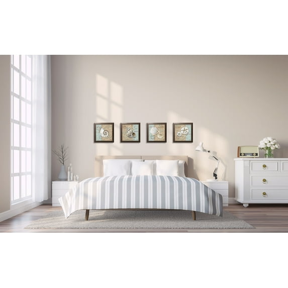 Gango Home Decor Traditional Coastal Seashell Wall Art; Four Blue 12x12in Art Prints in Brown Frames