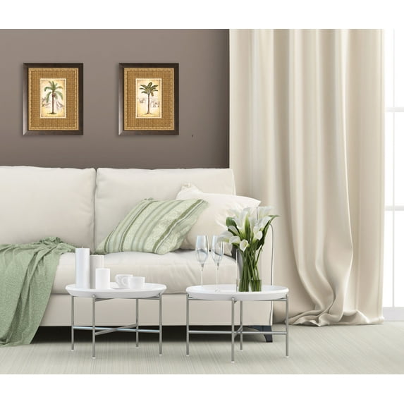 Gango Home Decor Tropical Palm Trees & Safari Animals Wall Art; Two Beige 11x14in Art Prints in Brown Frames