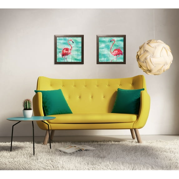 Gango Home Decor Tropical Watercolor Flamingo Wall Décor; Two Pink 12x12in Art Prints in Brown Frames
