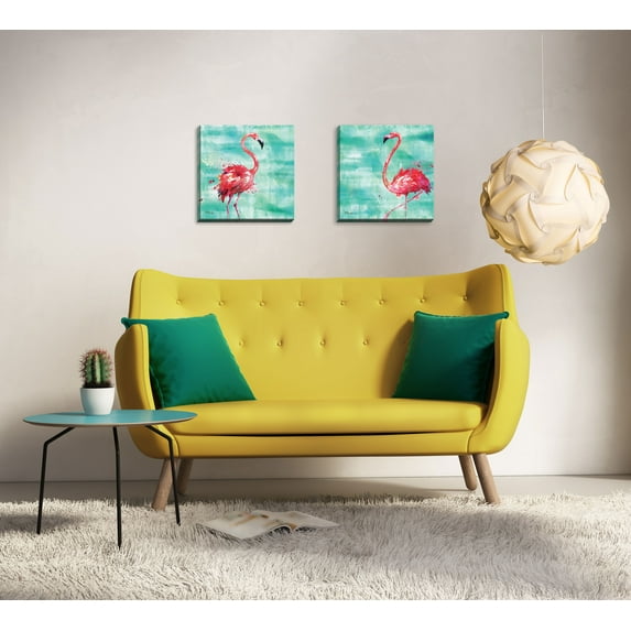 Gango Home Decor Tropical Watercolor Flamingo Wall Décor; Two Pink 12x12in Hand-Stretched Canvases