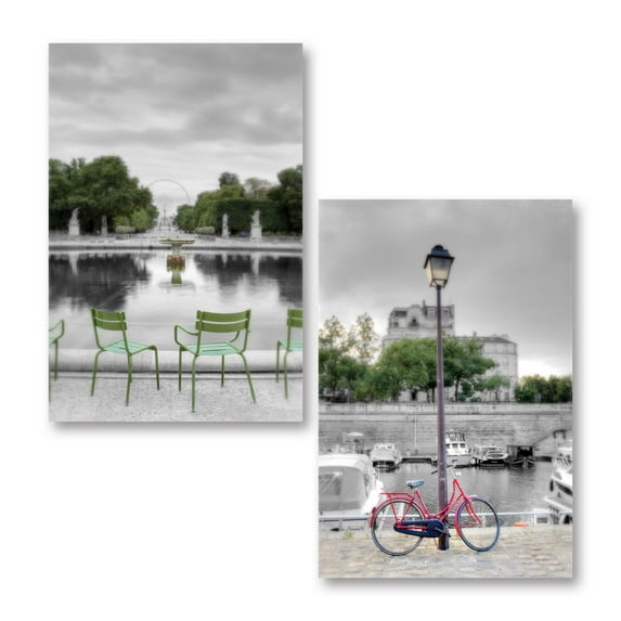 Gango Home Decor Vertical Bicycle St Martin Canal #1 & Tuileries Fountain #1 by Alan Blaustein (Printed on Paper); Two 16x24in Fine Art Paper Giclee Prints