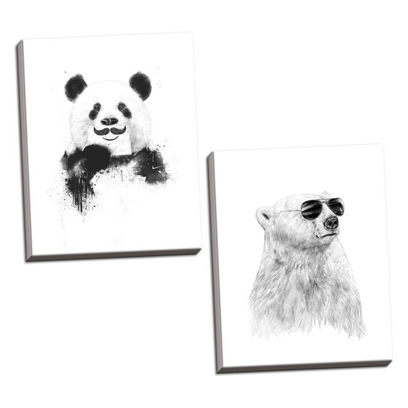 Gango Home Decor Vertical Don't Let The Sun Go Down & Funny Panda by Balazs Solti (Ready to Hang); Two 11x14in Hand-Stretched Canvases